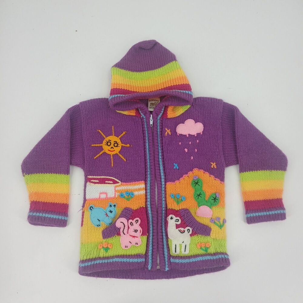 girls purple rainbow albinaas 100% acrillico size small long sleeve sweater
